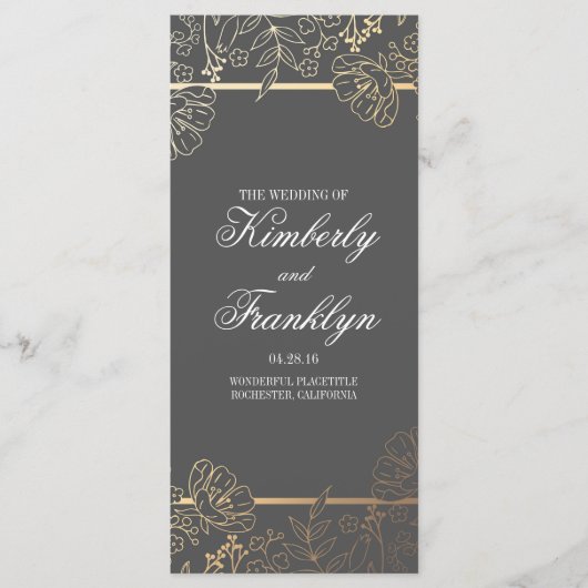 Gouden en Grijze  Bloemen Trouwprogramma's Programmakaart (Voorkant)