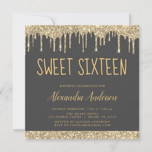 Gouden en grijze glitter Sweet Sixteen Birthday Kaart (Voorkant)