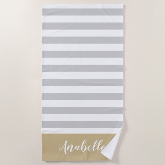 Gouden en Grijze Strepen Monogram | Bewerkbare kle Strandlaken (Voorkant)