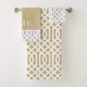 Gouden en grijze traliewerkmonogram   Bewerkbare k Bad Handdoek