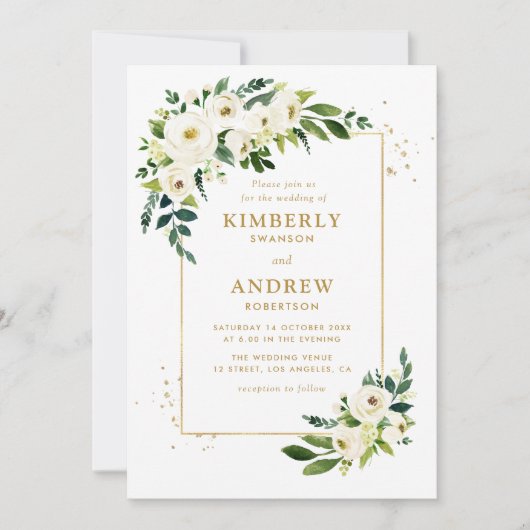 gouden en groene bloemige trouw uitnodiging (Voorkant)