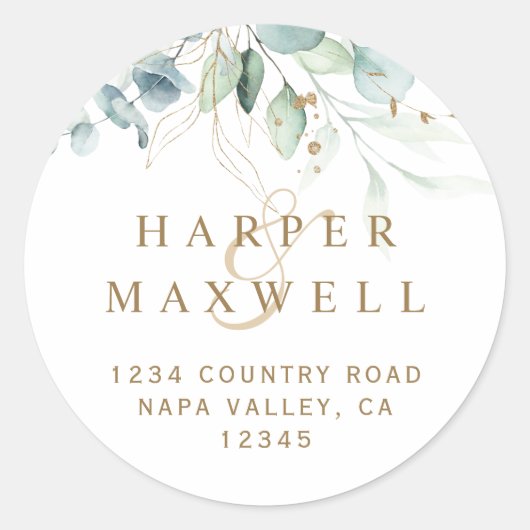 Gouden en Groene Botanische Bruiloft Retouradres Ronde Sticker (Voorkant)