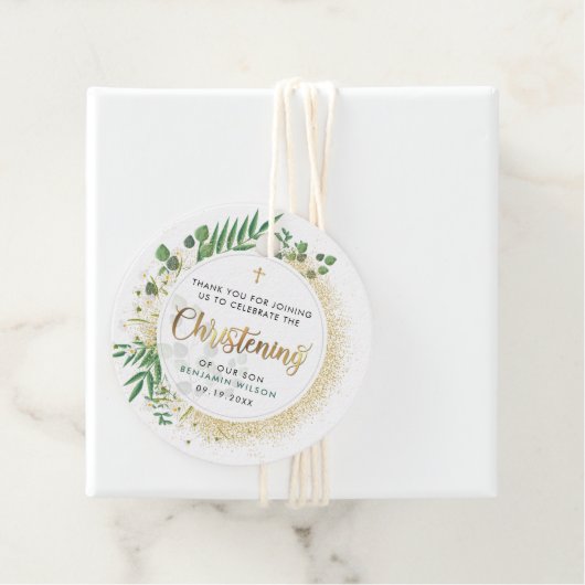Gouden en groene botanische doop dank u bedankjes labels (In situ)