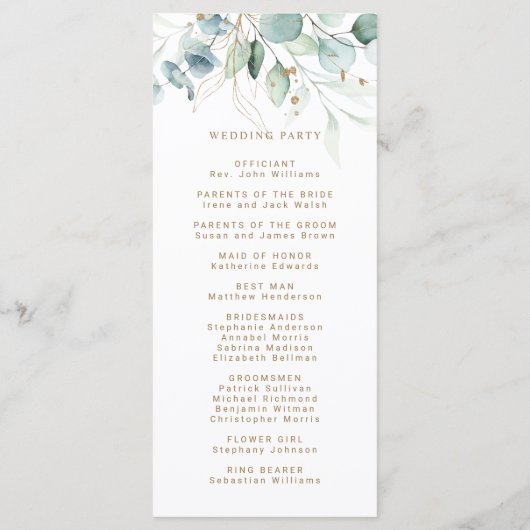 Gouden en Groene Botanische Huwelijksceremonie Pro Programmakaart (Achterkant)