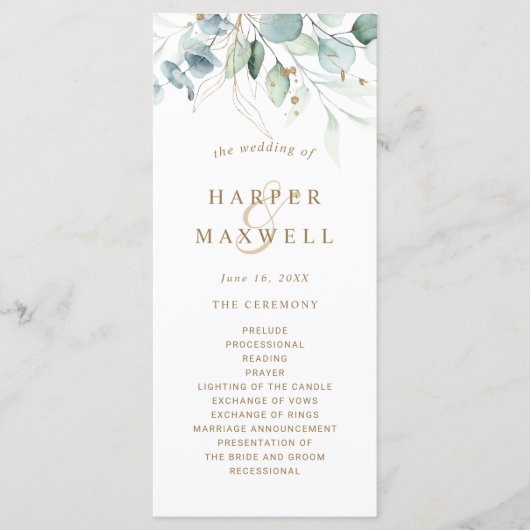 Gouden en Groene Botanische Huwelijksceremonie Pro Programmakaart (Voorkant)