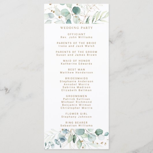 Gouden en Groene Botanische Huwelijksceremonie Programmakaart (Achterkant)