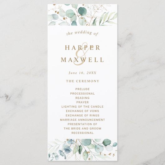 Gouden en Groene Botanische Huwelijksceremonie Programmakaart (Voorkant)