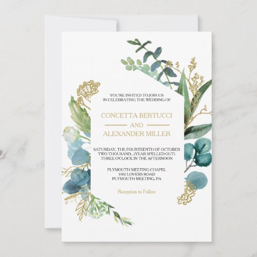  gouden en groene eucalyptus bruiloft kaart (Voorkant)