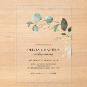 Gouden en groene eucalyptus minimalistische bruilo acryl uitnodigingen (Voorkant)
