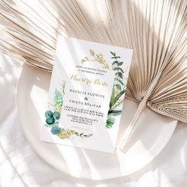 gouden en groene Eucalyptus Spaanse bruiloft Kaart
