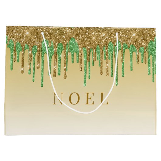 Gouden en groene glitter druppels groot cadeauzakje (Achterkant)