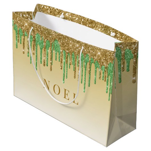 Gouden en groene glitter druppels groot cadeauzakje (Achterkant Gekanteld)