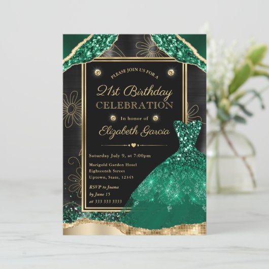 Gouden en Groene Glitter Jurk 21e Verjaardag Kaart (Staand voorkant)