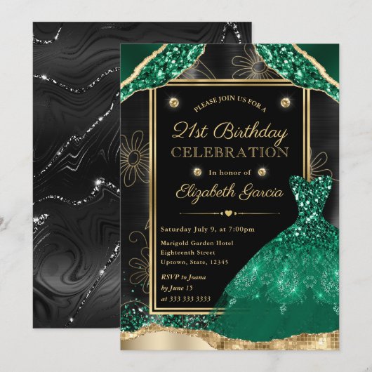 Gouden en Groene Glitter Jurk 21e Verjaardag Kaart (Voorkant / Achterkant)