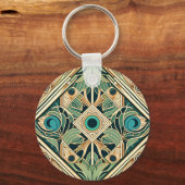 Gouden en groene pauw abstracte veren textuur sleutelhanger (Achterkant)