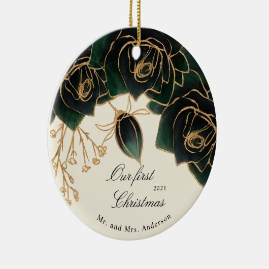 gouden en groene rozen onze eerste kerstfoto keramisch ornament (Rechts)