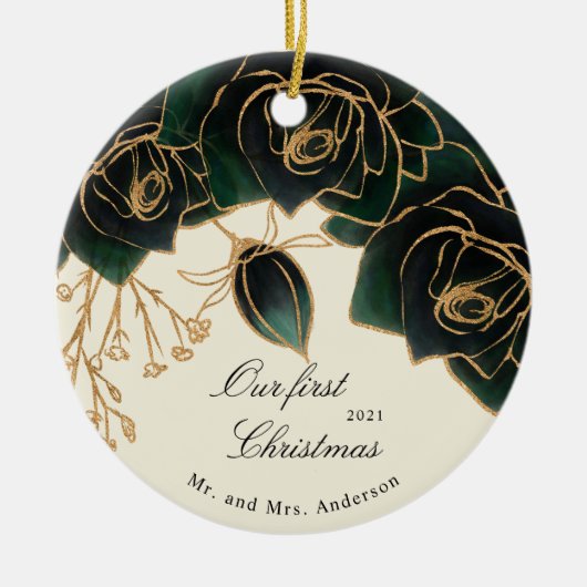gouden en groene rozen onze eerste kerstfoto keramisch ornament (Voorkant)