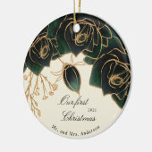 gouden en groene rozen onze eerste kerstfoto keramisch ornament (Links)