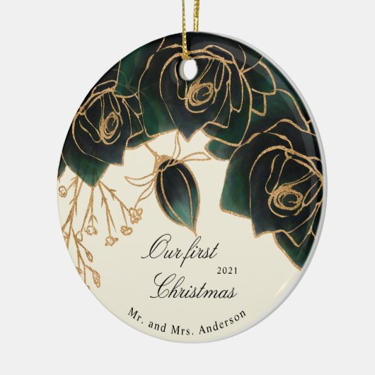 gouden en groene rozen onze eerste kerstfoto keramisch ornament (Links)