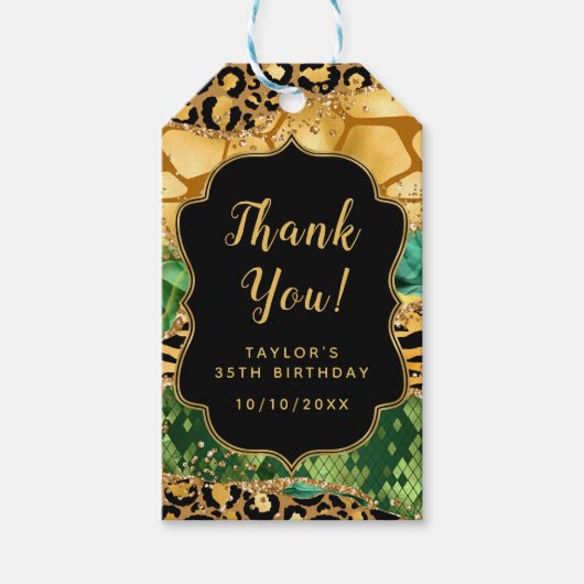 Gouden en Groene Safari Agaat Verjaardag Dank u Cadeaulabel (Voorkant)