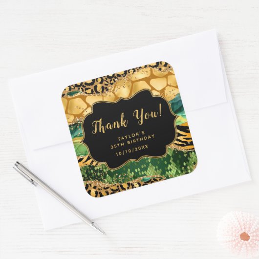 Gouden en Groene Safari Agaat Verjaardag Dank u Vierkante Sticker (Envelop)