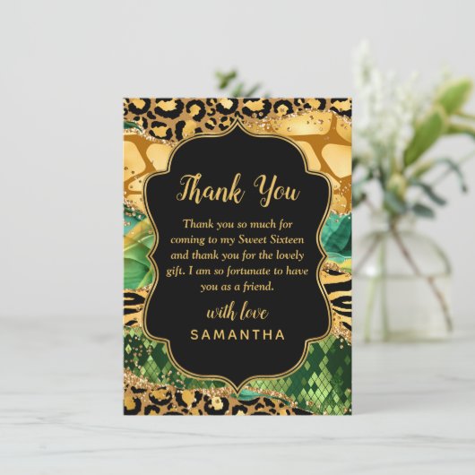 Gouden en Groene Safari Agaat Zoet Zestien Bedankkaart (Staand voorkant)