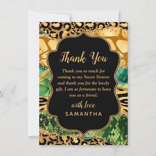 Gouden en Groene Safari Agaat Zoet Zestien Bedankkaart (Voorkant)