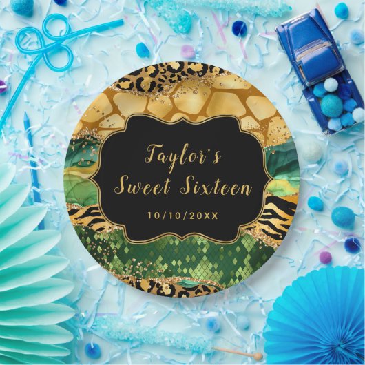 Gouden en Groene Safari Agaat Zoet Zestien Papieren Bordje (Feest)