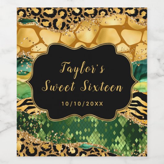 Gouden en Groene Safari Agaat Zoet Zestien Wijn Etiket (Enkel label)