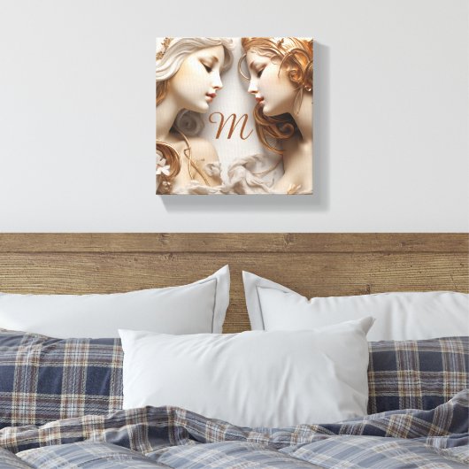 Gouden en Ivoren Engelen Monogrammed Canvas Afdruk (Insitu (Slaapkamer))