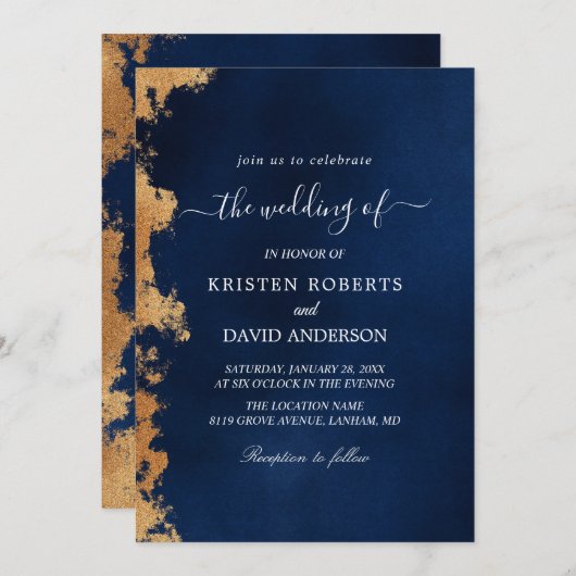 gouden en koninklijke blauwe trouwuitnodiging kaart (Voorkant / Achterkant)