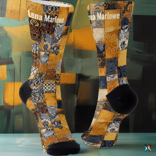Gouden en Marine Tegelpatchwork – Op Maat Gemaakte Sokken