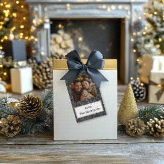 Gouden en marineblauwe fotocadeautags cadeaulabel