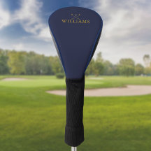 Gouden en marineblauwe golfclubs met eigen naam