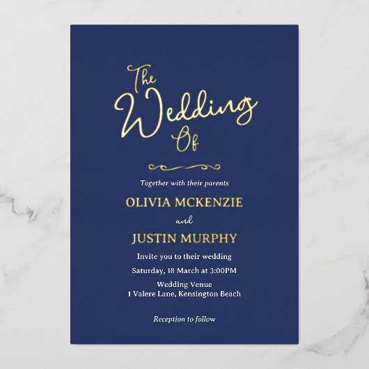 Gouden en marineblauwe script uitnodiging (Voorkant)