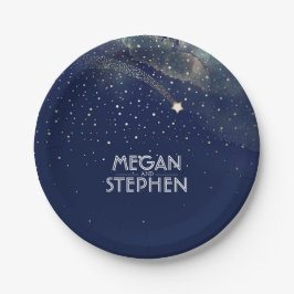 Gouden en marineblauwe vallende ster nachthuwelijk papieren bordje