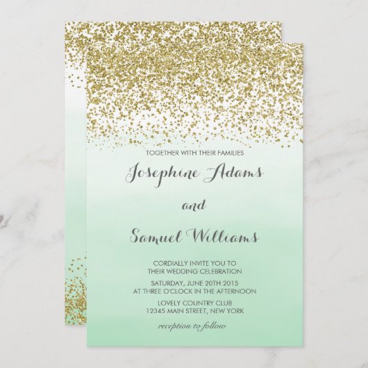 Gouden en Mint Green bruiloft Kaart (Voorkant / Achterkant)