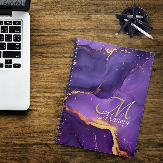 Gouden en Paarse agaat 💜✨Elegant Script Monogram Notitieboek