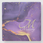 Gouden en Paarse agaat 💜✨Elegant Script Monogram Stenen Onderzetter (Voorkant)