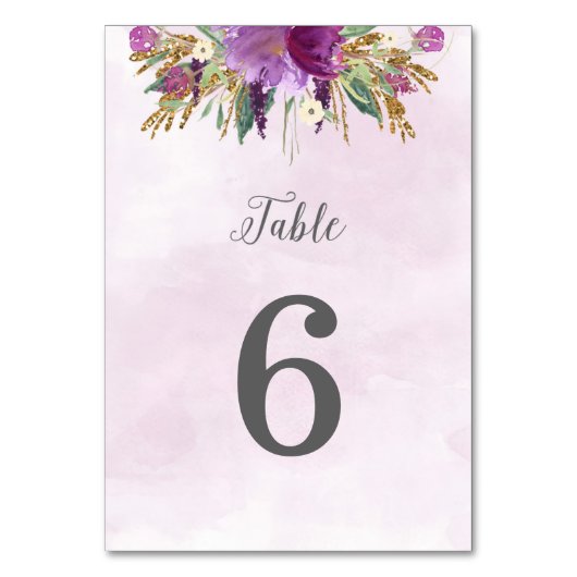 Gouden en paarse bloemen Trouwtafel Nummer Kaart (Voorkant)
