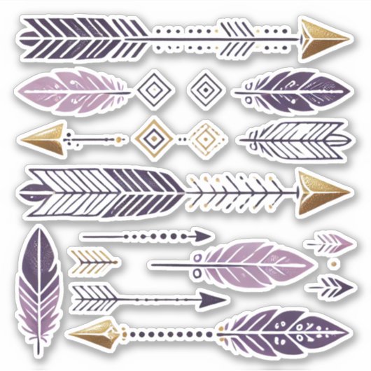 Gouden en Paarse Boho Arrows en Feathers Scrapbook Sticker (Voorkant)