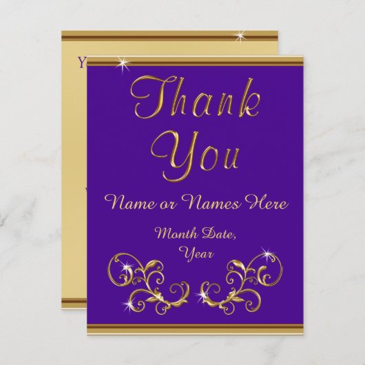 Gouden en Paarse bruiloft bedankkaarten Bedankkaart (Voorkant / Achterkant)
