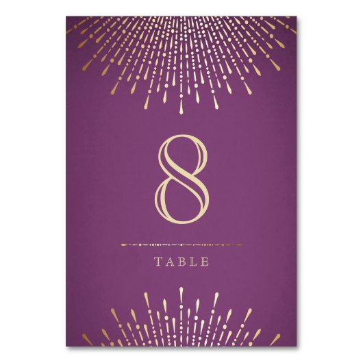 Gouden en paarse deco vintage trouwtafel kaart (Voorkant)