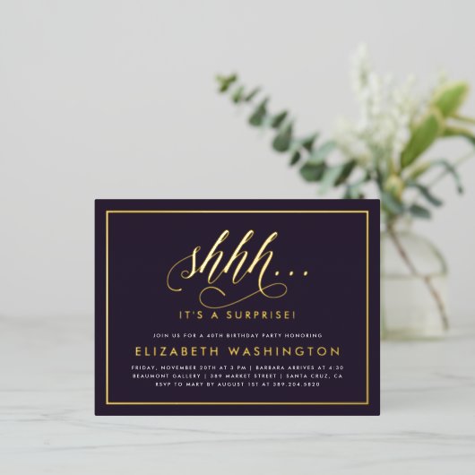 Gouden en Paarse feestdag Folie Uitnodiging Briefkaart (Staand Voorkant)