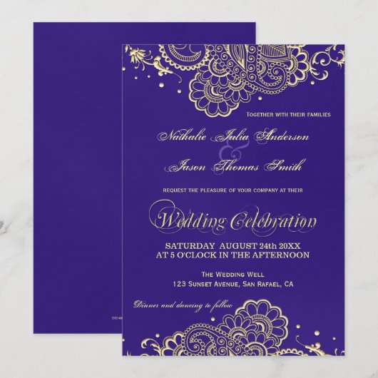 Gouden en paarse Henna Kant Trouwkaart Kaart (Voorkant / Achterkant)
