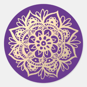 Gouden en paarse mandala bloem ronde sticker