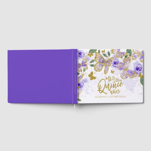 Gouden en Paarse vlinder bloemenquinceanera Gastenboek (Volledig)