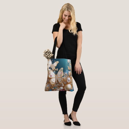 Gouden en Parel Vlinders Canvas tas (Op model)