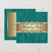 Gouden en Pauw Turquoise Blauwe Verjaardagsfeestje Kaart (Voorkant / Achterkant)