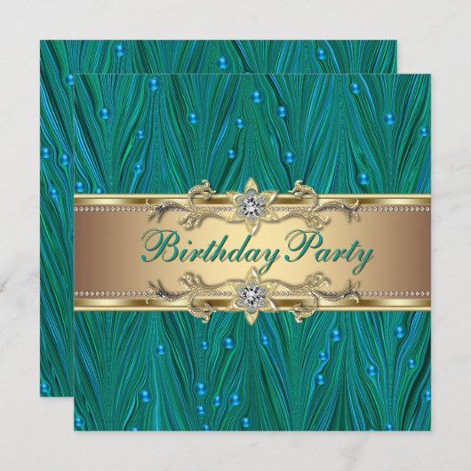 Gouden en Pauw Turquoise Blauwe Verjaardagsfeestje Kaart (Voorkant / Achterkant)